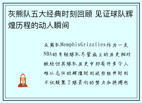 灰熊队五大经典时刻回顾 见证球队辉煌历程的动人瞬间