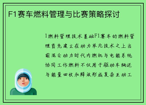F1赛车燃料管理与比赛策略探讨